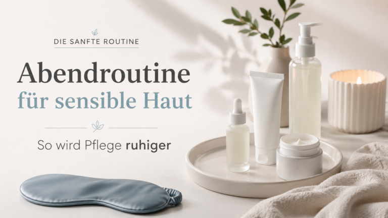 Abendroutine für sensible Haut mit wenigen Pflegeprodukten auf hellem Hintergrund