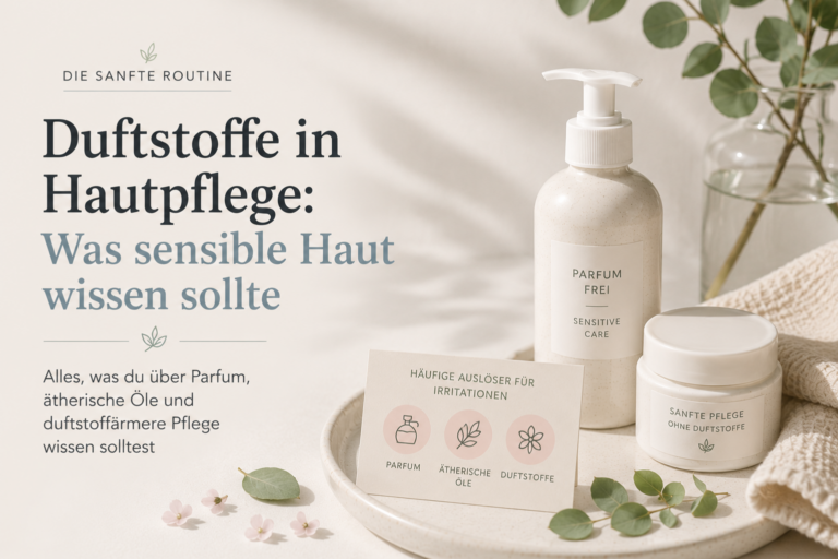 Duftstoffe in Hautpflege bei sensibler Haut mit neutralen Pflegeprodukten auf hellem Hintergrund