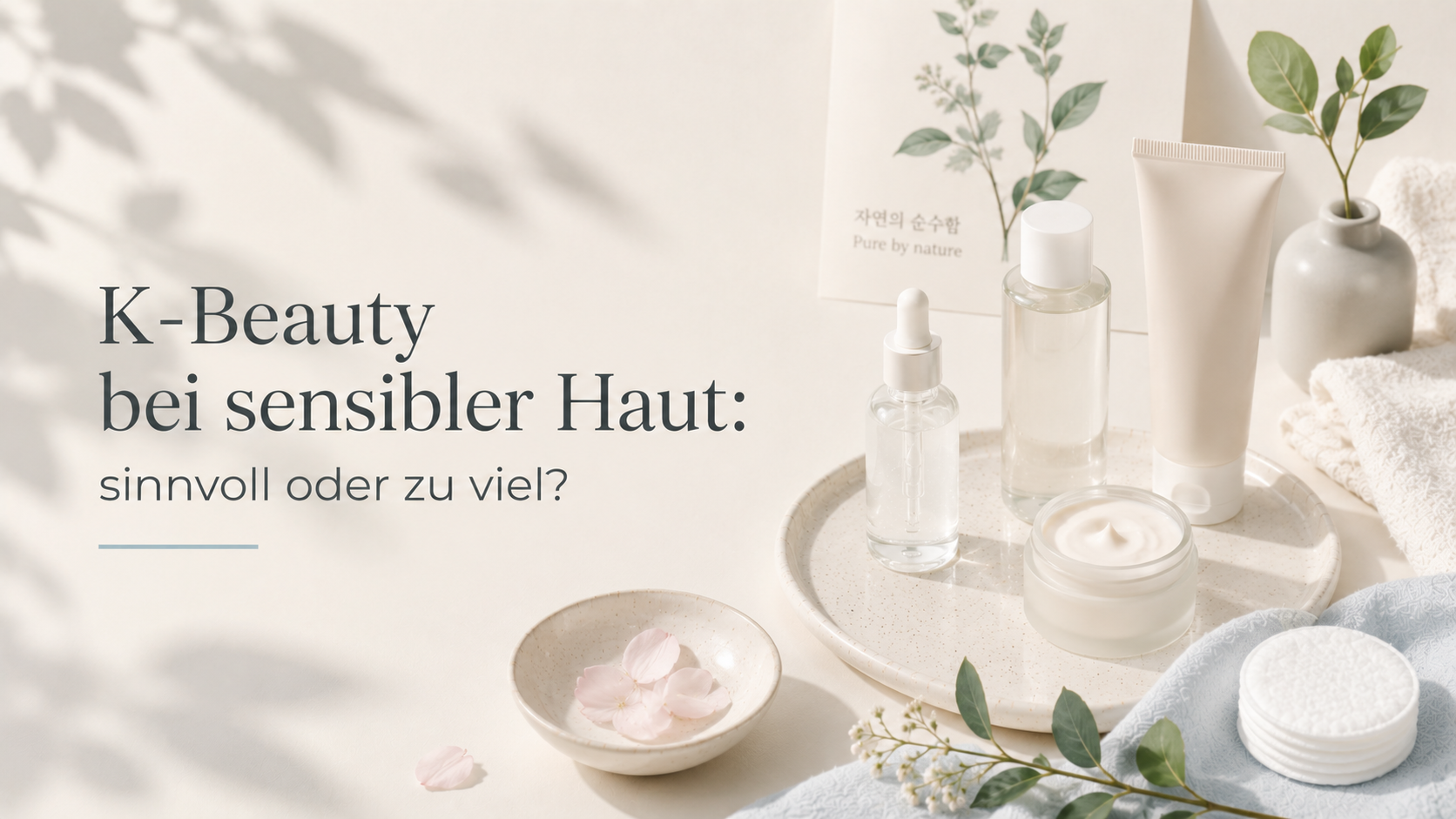K-Beauty bei sensibler Haut mit neutralen Pflegeprodukten auf hellem Hintergrund