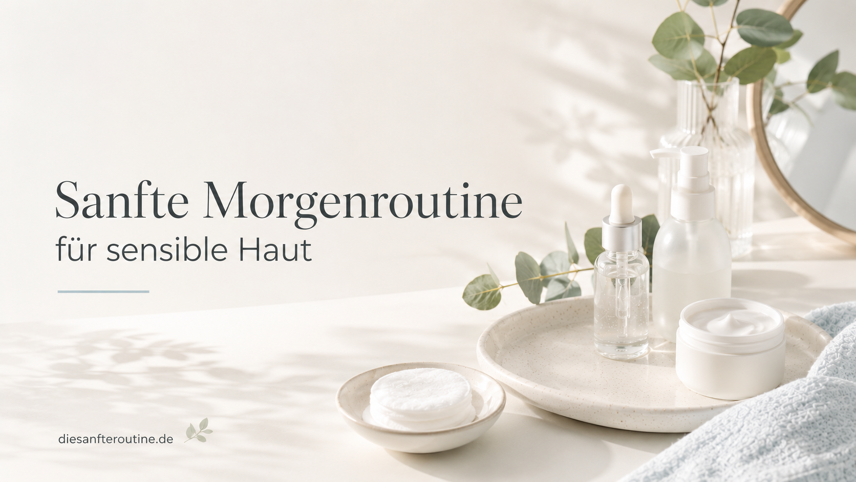 Sanfte Morgenroutine für sensible Haut mit wenigen Pflegeprodukten auf hellem Hintergrund