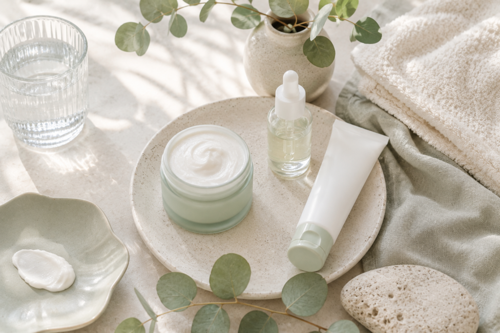 Ausgewählte Hautpflegeprodukte als Symbol für ruhige und transparente Produktempfehlungen bei sensibler Haut